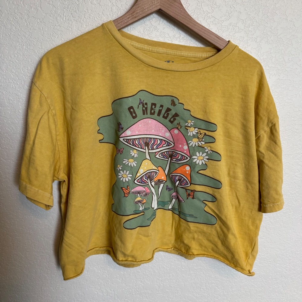 Boho Indie Mushroom Graphic O'Neill Cutoff Tee Small Yellow